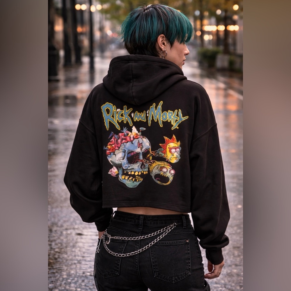 ROMWE Black Rick and Morty Hoodie cropped length size XL nwt punk goth emo alt